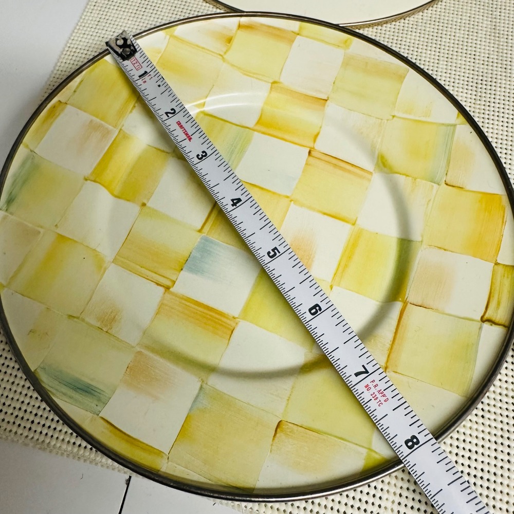 MacKenzie-Childs Parchment Check Yellow Enamel Salad Plates Vintage 4 Piece Set - Picture 8 of 8